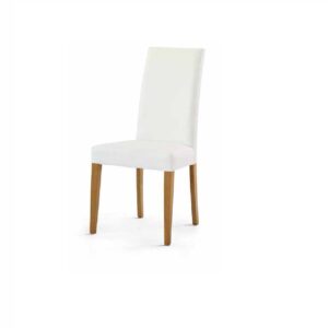 Coppia sedie imbottite con rivestimento in ecopelle bianco, in legno massello con rifinitura delle gambe in rovere