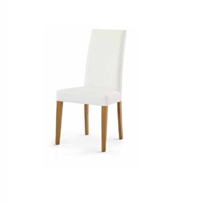 Coppia sedie imbottite con rivestimento in ecopelle bianco, in legno massello con rifinitura delle gambe in rovere