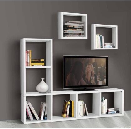 Set soggiorno composto da libreria e porta tv bianco frassinato, stile moderno, in mdf laminato, con due cubi da parete