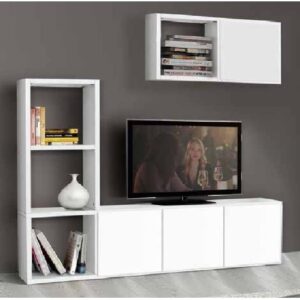 Set soggiorno composto da libreria e porta tv bianco frassinato, stile moderno, in mdf laminato